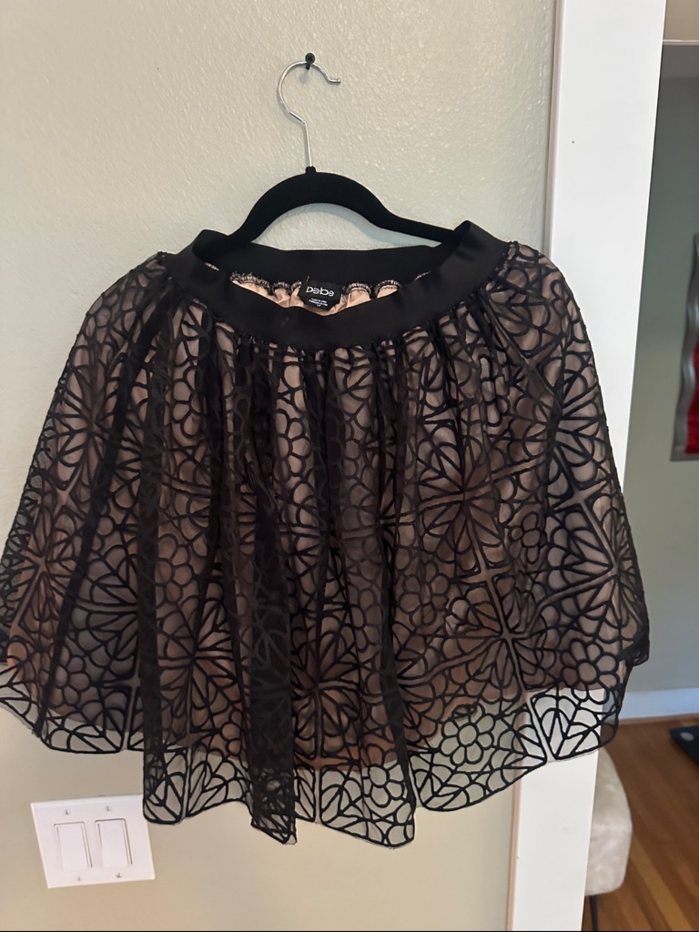 Bebe Black Floral Overlay Circle Skirt with Nude Underlayer